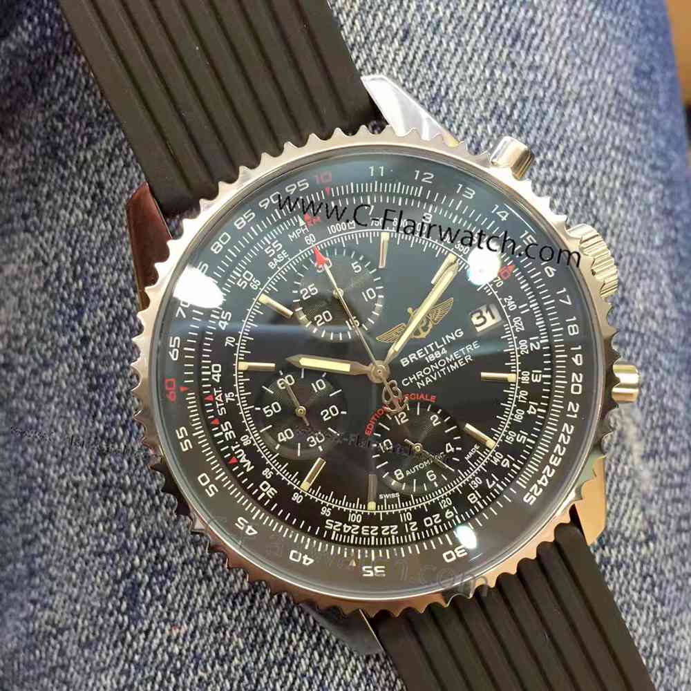 Copy Breitling Navitimer Rubber Strap Watch SS Black Dial
